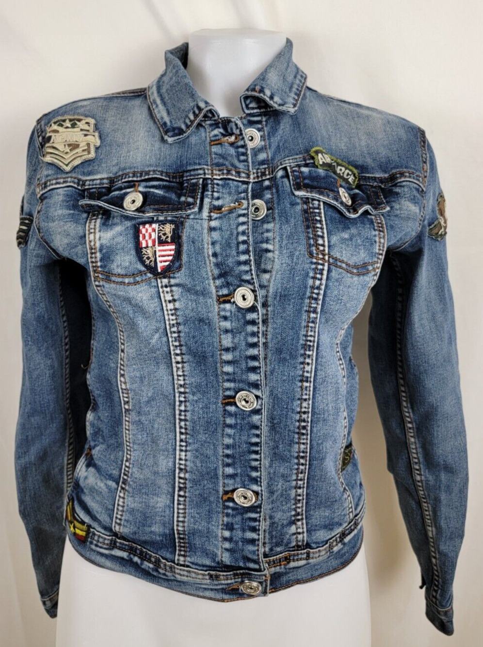 Vintage Blue Topic Women's Denim Jean Jacket Army and Air Force Patches Small